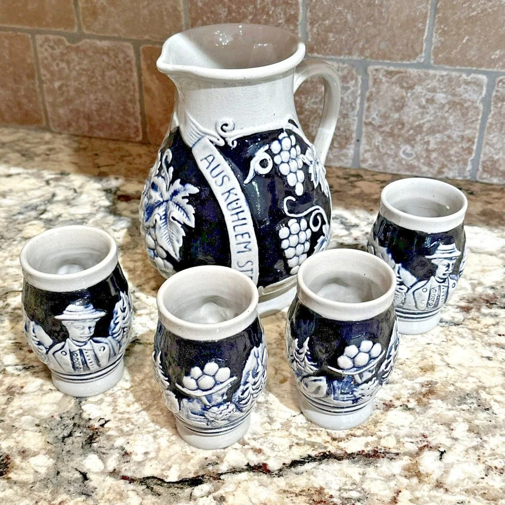 Vintage Trink Edlen Wein Aus Kuhlem Stein‎ Salt Glazed Grapes Pitcher W 4 Cups